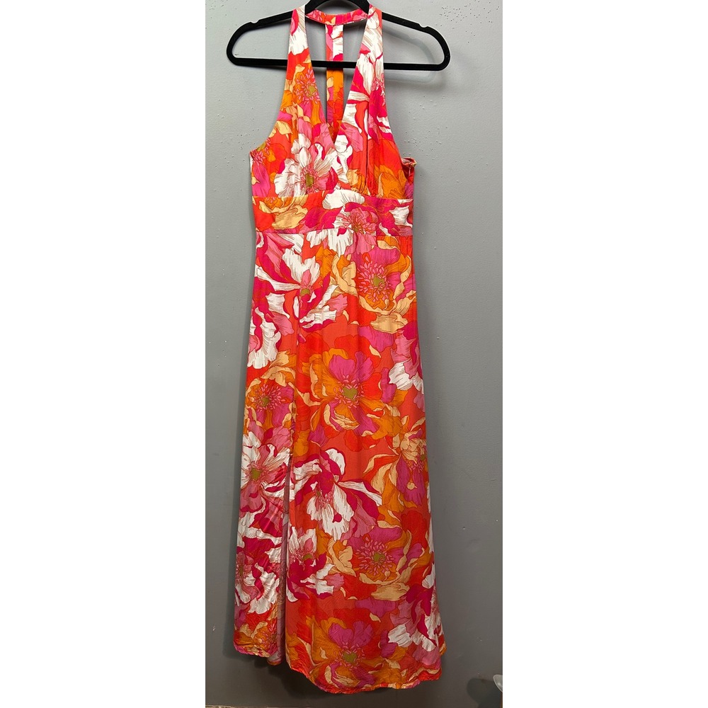1.STATE Maxi Dress Womens Small Orange Floral Halter V-Neck T-Strap Rayon Summer